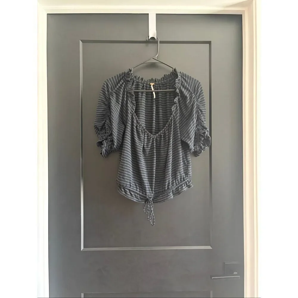 Free People Dorothy Puff Sleeve Striped Peasant Crop Blouse Ruffle Tie Size S
